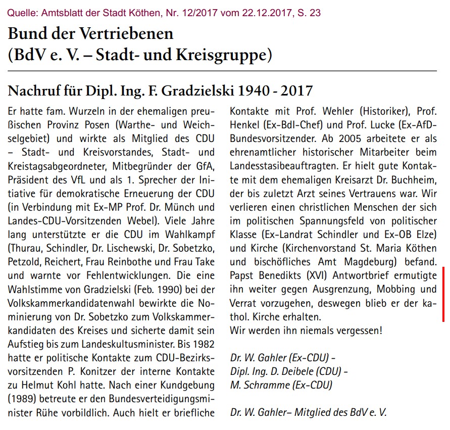 Nachruf für Fridolin Gradzielski; Quelle: Amtsblatt der Stadt Köthen, Nr. 12/2017 vom 22.12.2017, S. 23
